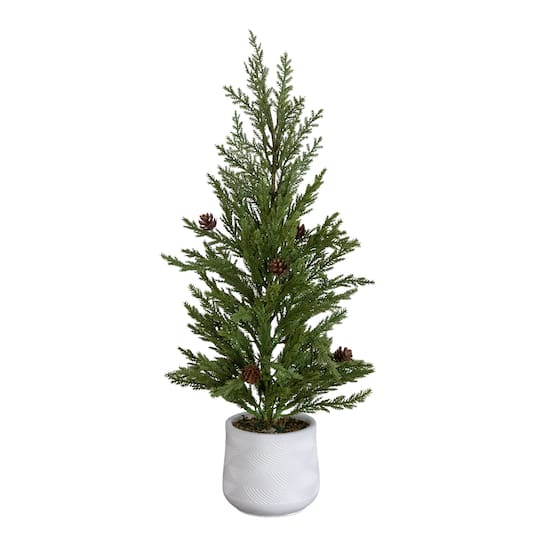 Nearly Natural 20" Unlit Artificial Christmas Cedar Pine Tree with Pinecones in White Ceramic Planter in Green | Michaels®